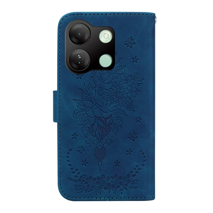 Blue Butterfly Rose Embossed Leather Phone Case for Tecno Pova 5 Pro, showcasing its elegant design and premium quality.